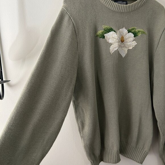 Vintage Land's End Women's Sage Green Flower Prairie Knitted Sweater - Large - Picture 4 of 5